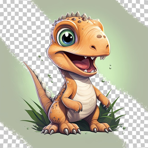 a cartoon of a dinosaur with a green eyes and a white shirt.