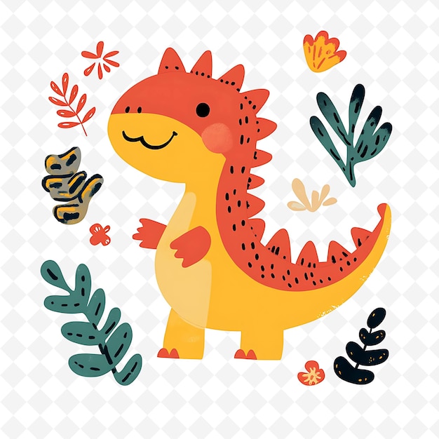 a cartoon dinosaur with a red head and orange body