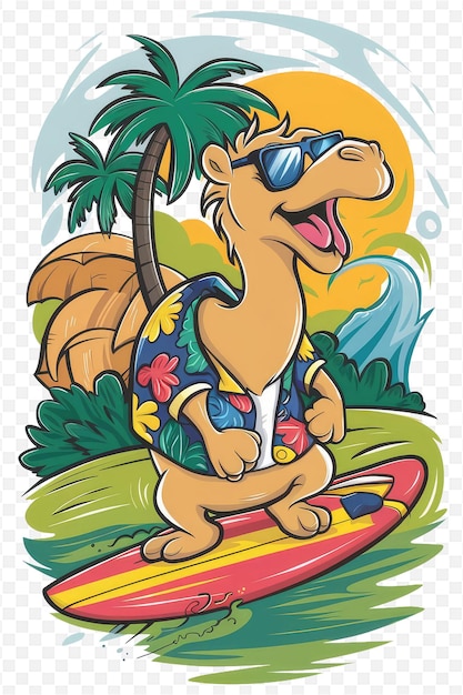 a cartoon of a dinosaur with sunglasses on a surfboard