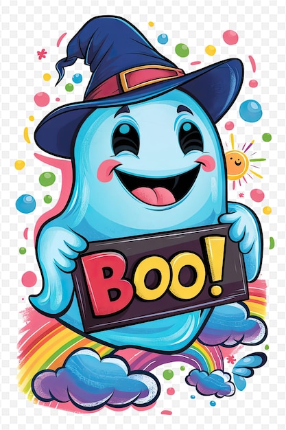 PSD a cartoon drawing of a blue monster with the word boo on it