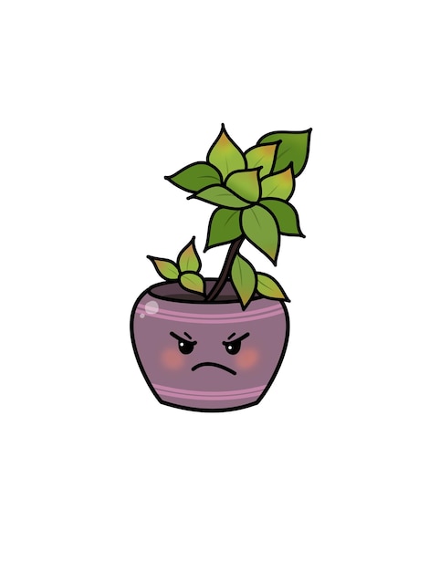 PSD a cartoon drawing of a cactus succulent plant with a pink flower on it in that has a sad face on it