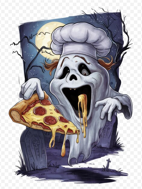 a cartoon drawing of a chef with a pizza in his mouth