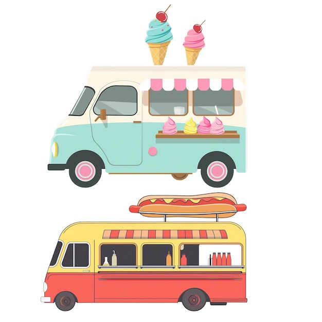 PSD a cartoon drawing of a food truck with hot dog and ice cream