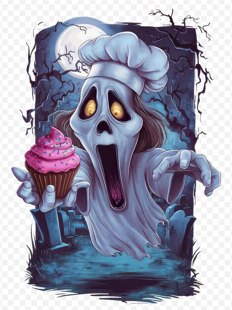 a cartoon drawing of a ghost with a cake in it