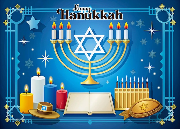 PSD a cartoon drawing of a happy jewish holiday with a blue background with a star of jewish holiday