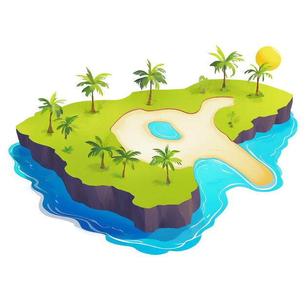 PSD a cartoon drawing of a island with palm trees and a beach