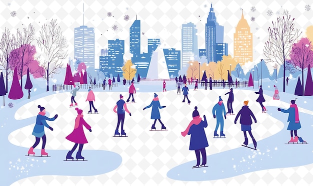 a cartoon drawing of people skating in a city park with a city in the background