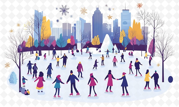 a cartoon drawing of people skating in a park with a city in the background