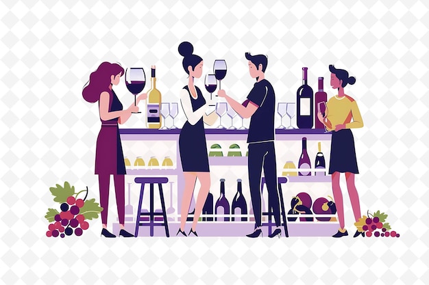 a cartoon drawing of people at a wine bar