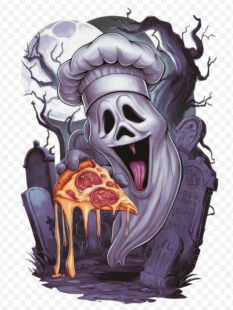 a cartoon drawing of a pizza with a skull on it and a skull on the top