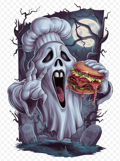 a cartoon drawing of a scary chef with a hamburger in the background