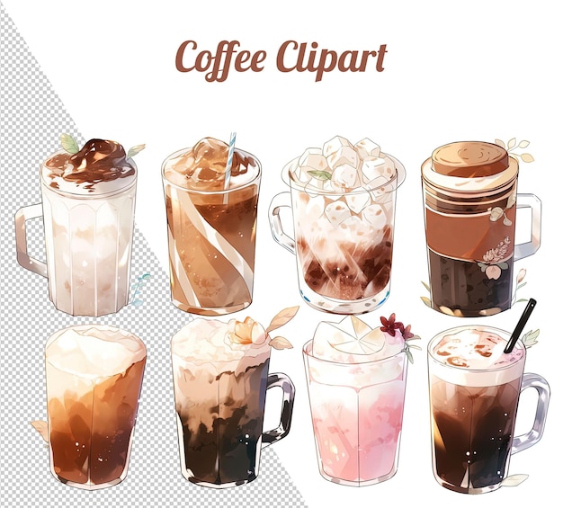 A cartoon drawing of a series of coffee drinks.