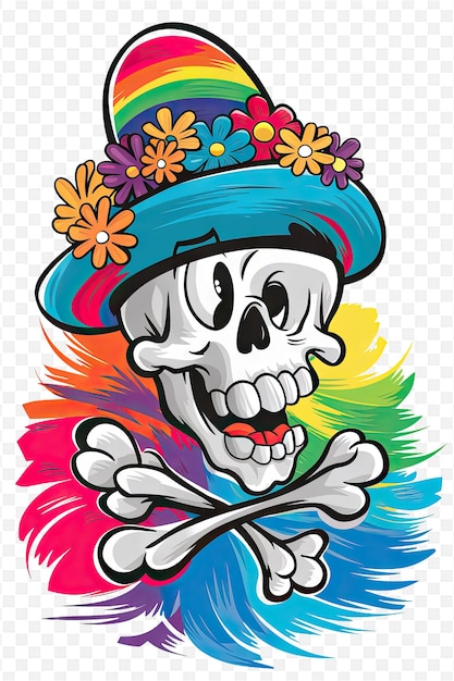 PSD a cartoon drawing of a skull with a colorful hat and a bow