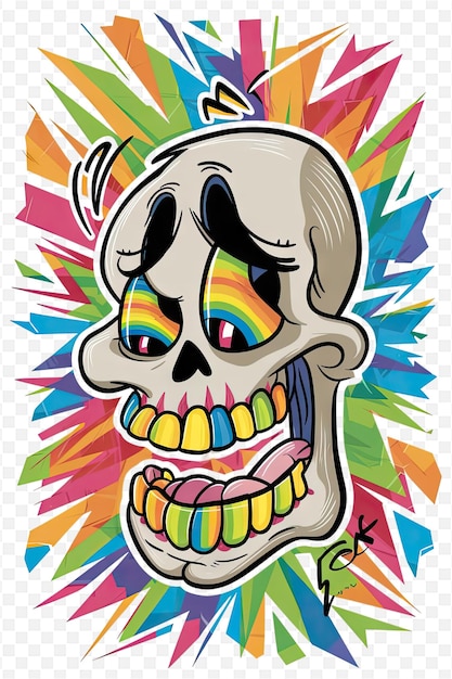 a cartoon drawing of a skull with a rainbow colored eyes