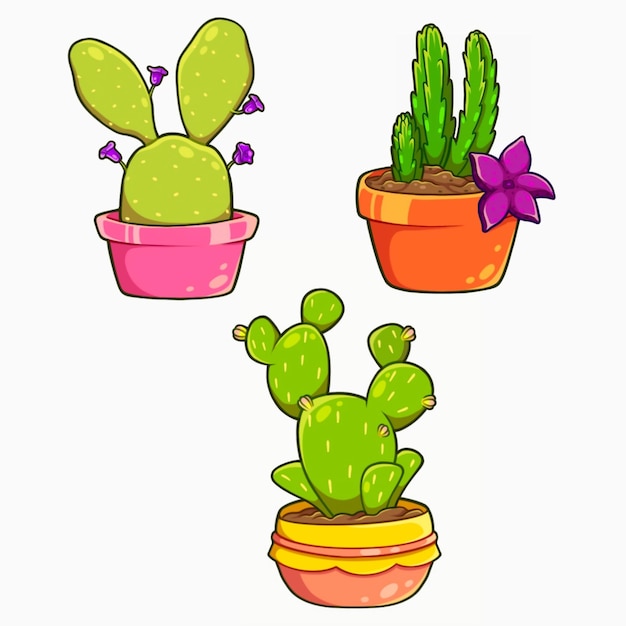 PSD cartoon drawing of three cactus in pots