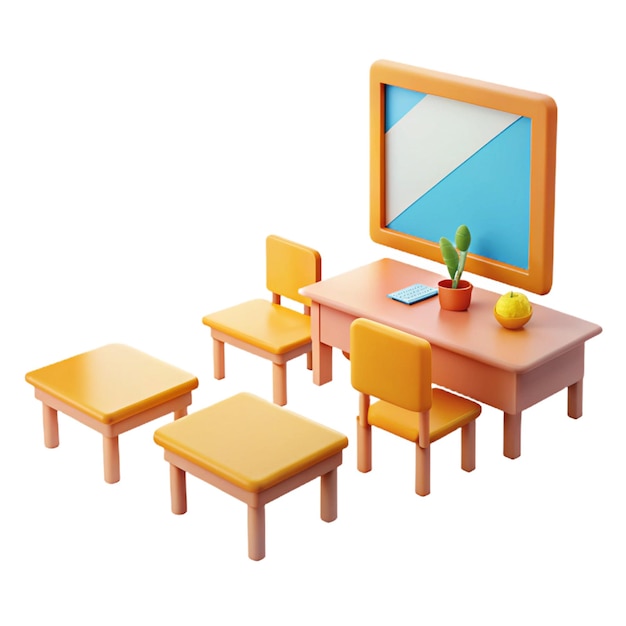 a cartoon drawing of a tv with a mirror on the wall and chairs