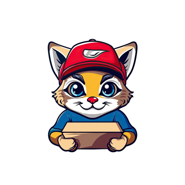 PSD cartoon feline in red hat and blue top holding box