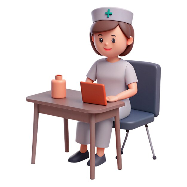 a cartoon of a female doctor with a laptop and a potted plant on the table