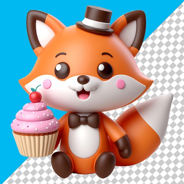 a cartoon fox with a hat on his head and a cupcake with a pink cupcake