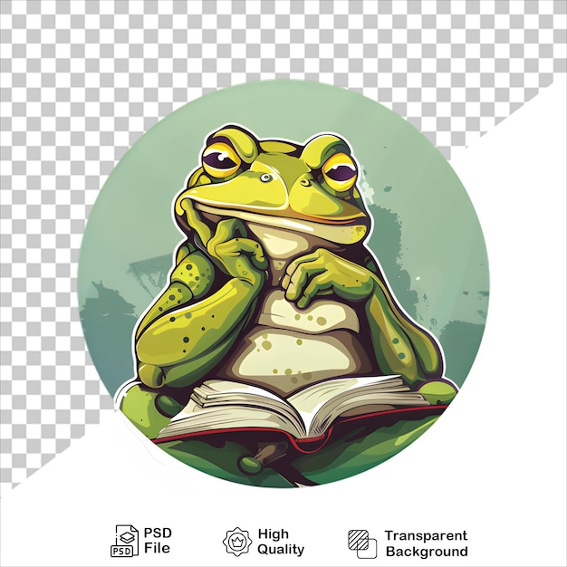 PSD cartoon frog holding a book isolated on clear background