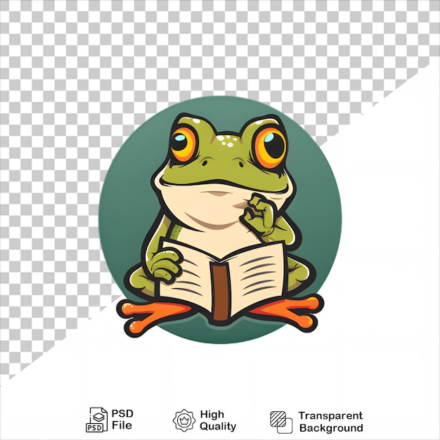 PSD cartoon frog reading a book with transparent background