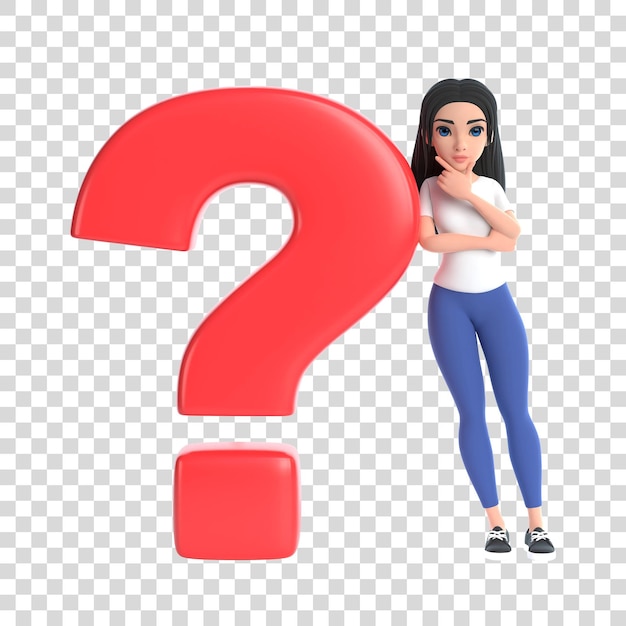 Cartoon funny cute girl next to red question mark on a white background 3D render illustration