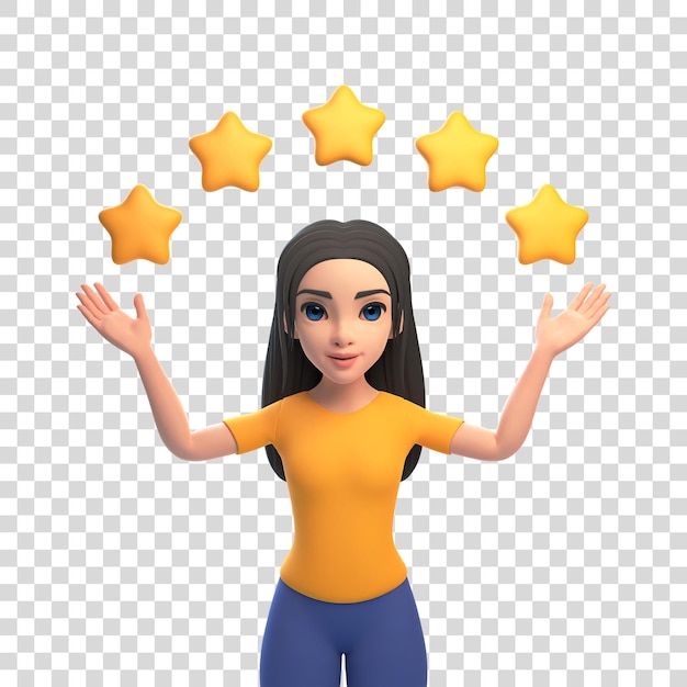 Cartoon funny cute girl in a yellow Tshirt and jeans points to the stars good review 3D render