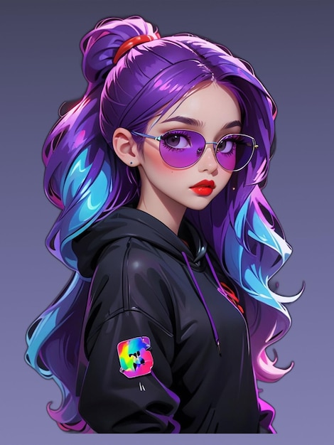 PSD cartoon girl with purple hair and red lips wearing purple glasses neon light isolated