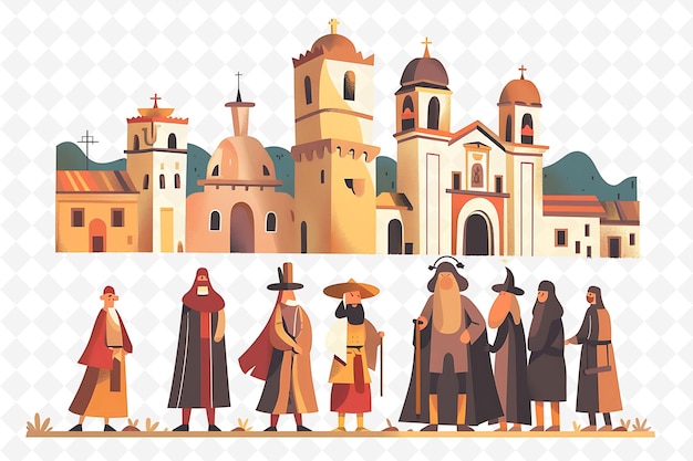 a cartoon of a group of people with hats and souvenirs