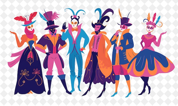 PSD a cartoon of a group of people with a purple and orange costumes