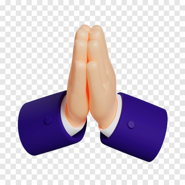 PSD cartoon hands with dark blue sleeves shows folded hands praying emoji isolated