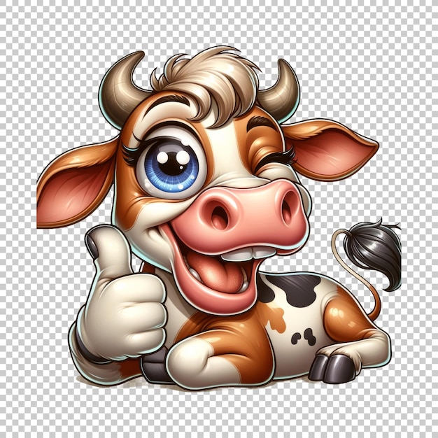 PSD cartoon happy cow giving thumbs up isolated on transparent background