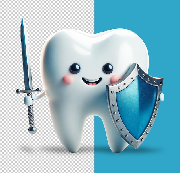 cartoon happy smiling 3d tooth holding a sword and a shield on a transparent background