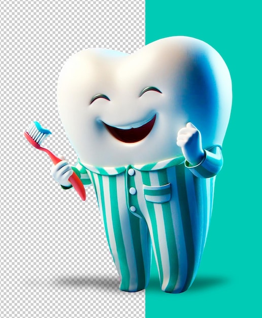 cartoon happy smiling 3d tooth in pajamas goes to bed on a transparent background