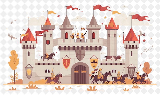 PSD a cartoon illustration of a castle with a castle and a knight on the front