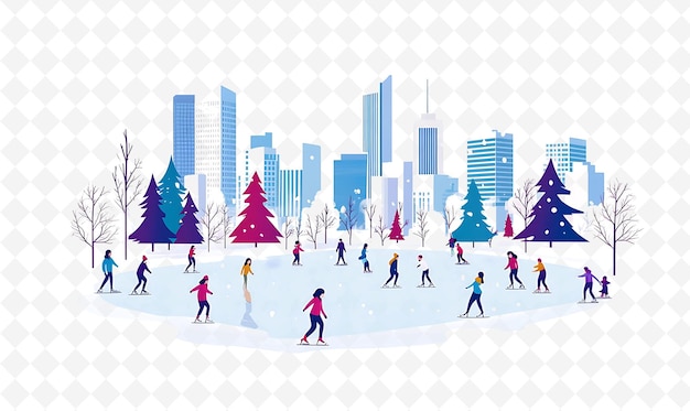 a cartoon illustration of a city with snow covered trees and people skiing