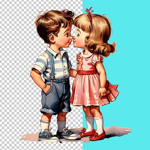 Cartoon illustration of a kiss between two young kids