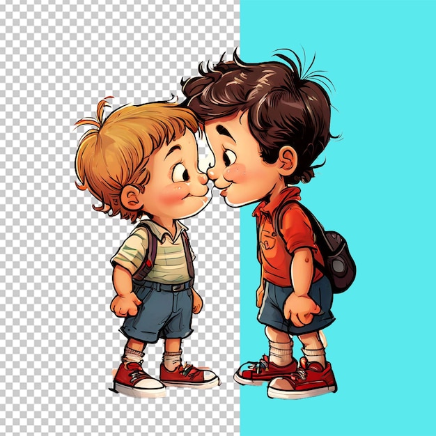 PSD cartoon illustration of a kiss between two young kids