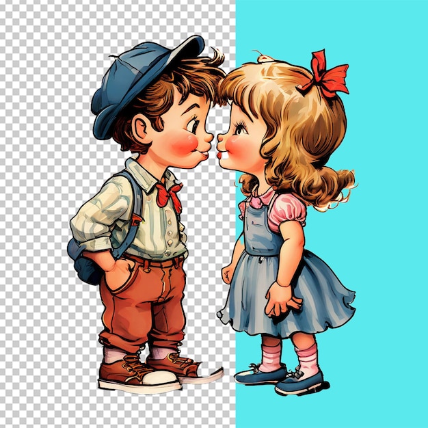 PSD cartoon illustration of a kiss between two young kids