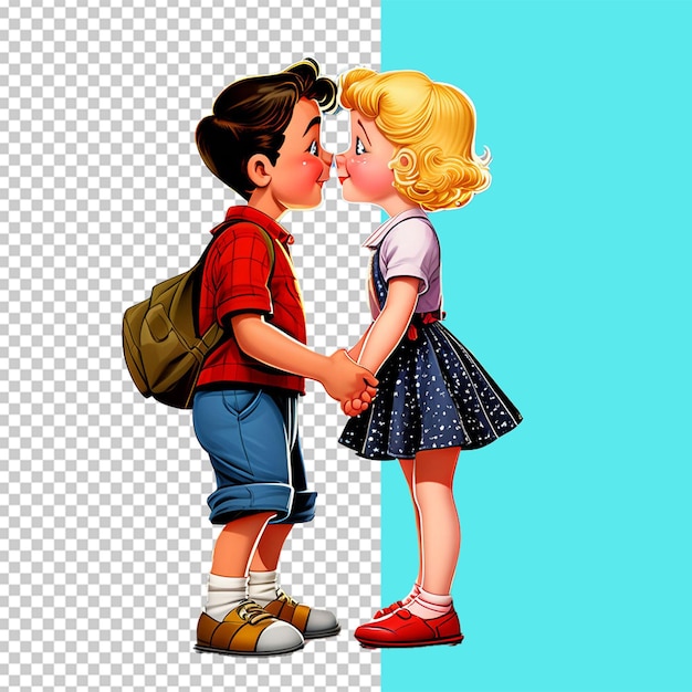 PSD cartoon illustration of a kiss between two young kids