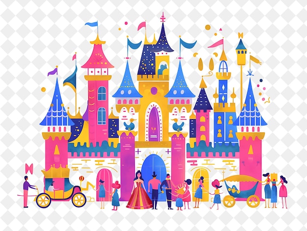 PSD a cartoon illustration of a princess and a castle with a group of children