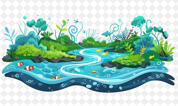 PSD a cartoon illustration of a river with a fish swimming in it