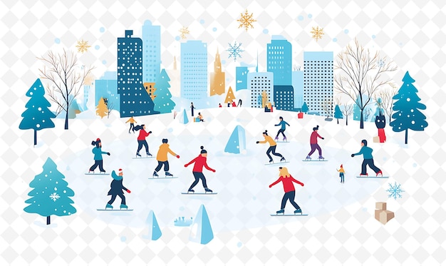 a cartoon illustration of snowboarders skating in a snowy city