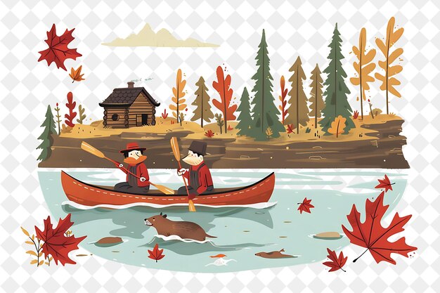 PSD a cartoon illustration of two boys in a canoe with a house in the background