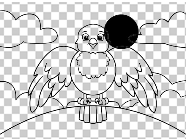 a cartoon image of a bird with a black background with a round object in the middle