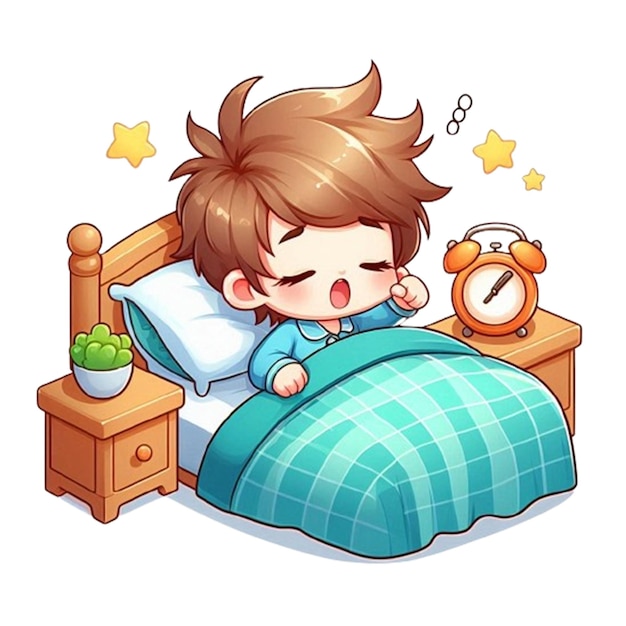 PSD a cartoon image of a boy sleeping in a bed with a clock and a clock on the wall