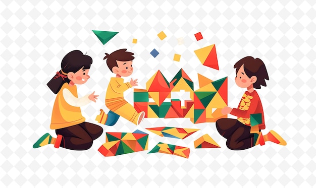 PSD a cartoon of kids playing with a pile of colorful cubes