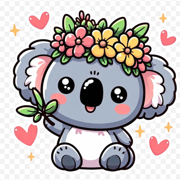 a cartoon koala with flowers on its head and a pink flower in the middle