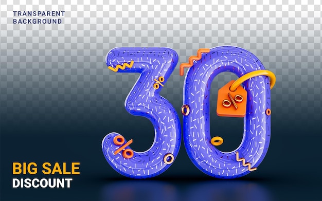 cartoon look 30 percent discount sale banner on dark background 3d render concept for shopping offer