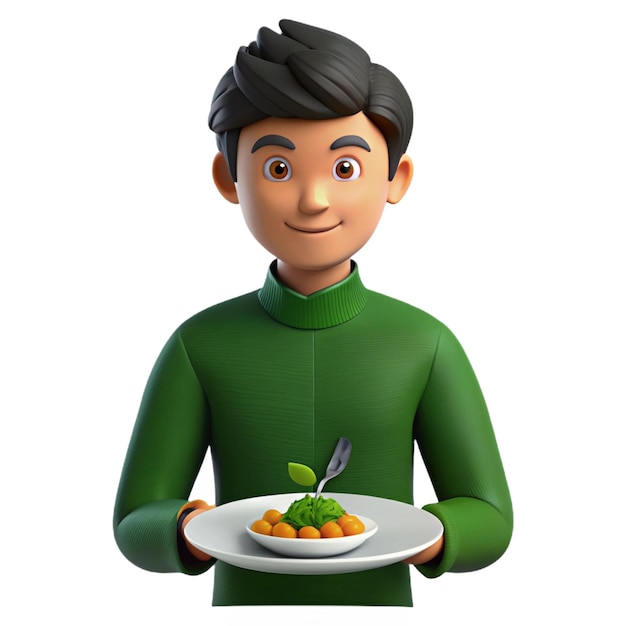 a cartoon man holds a plate of food with a bowl of food